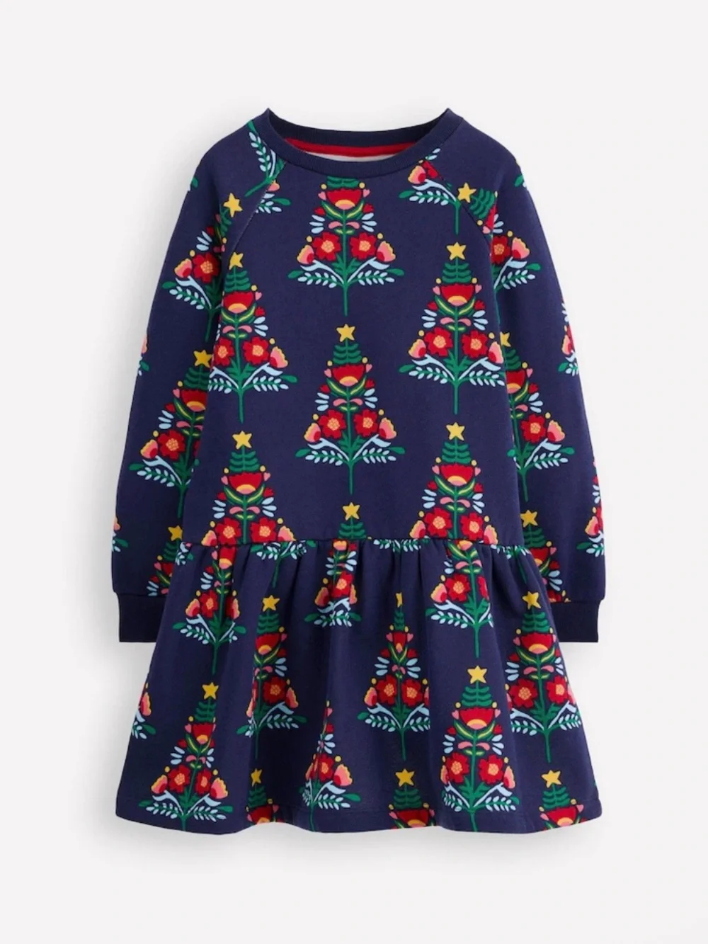 Mini Boden Kids' Cotton Blend Sweatshirt Dress, Navy Christmas Tree NWOT $68
